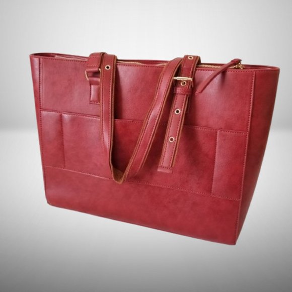 NWT! Burgundy Faux Leather Tote Bag w/Laptop Divider & Luggage Strap - Picture 12 of 14